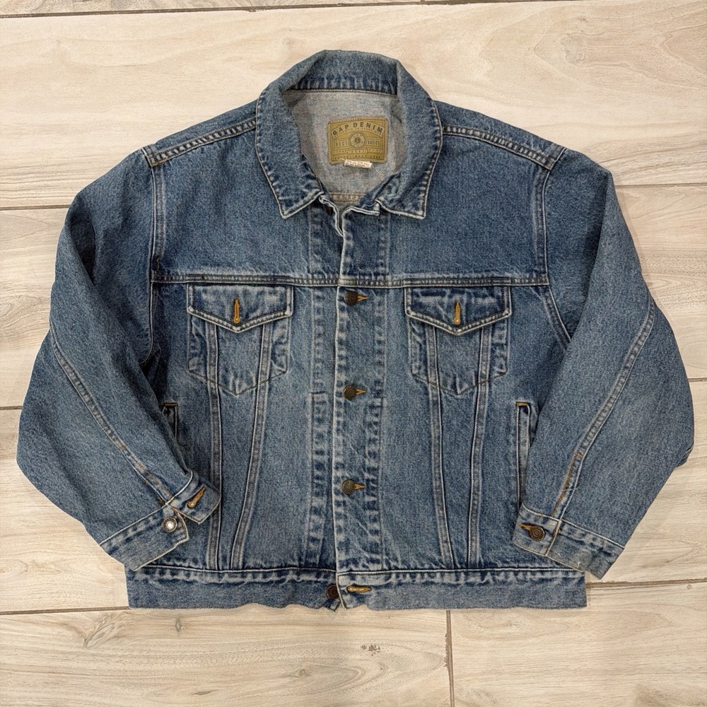 Vtg GAP Denim Jacket Trucker Blue Jean Coat Retro 90s Mens Large